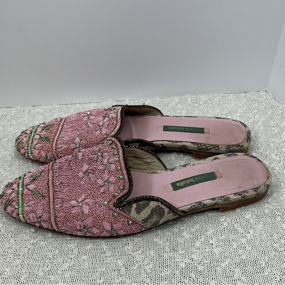 ANTHRO Meher Kakalia pink embroidered beaded Leopard slide flats Mules 39 8